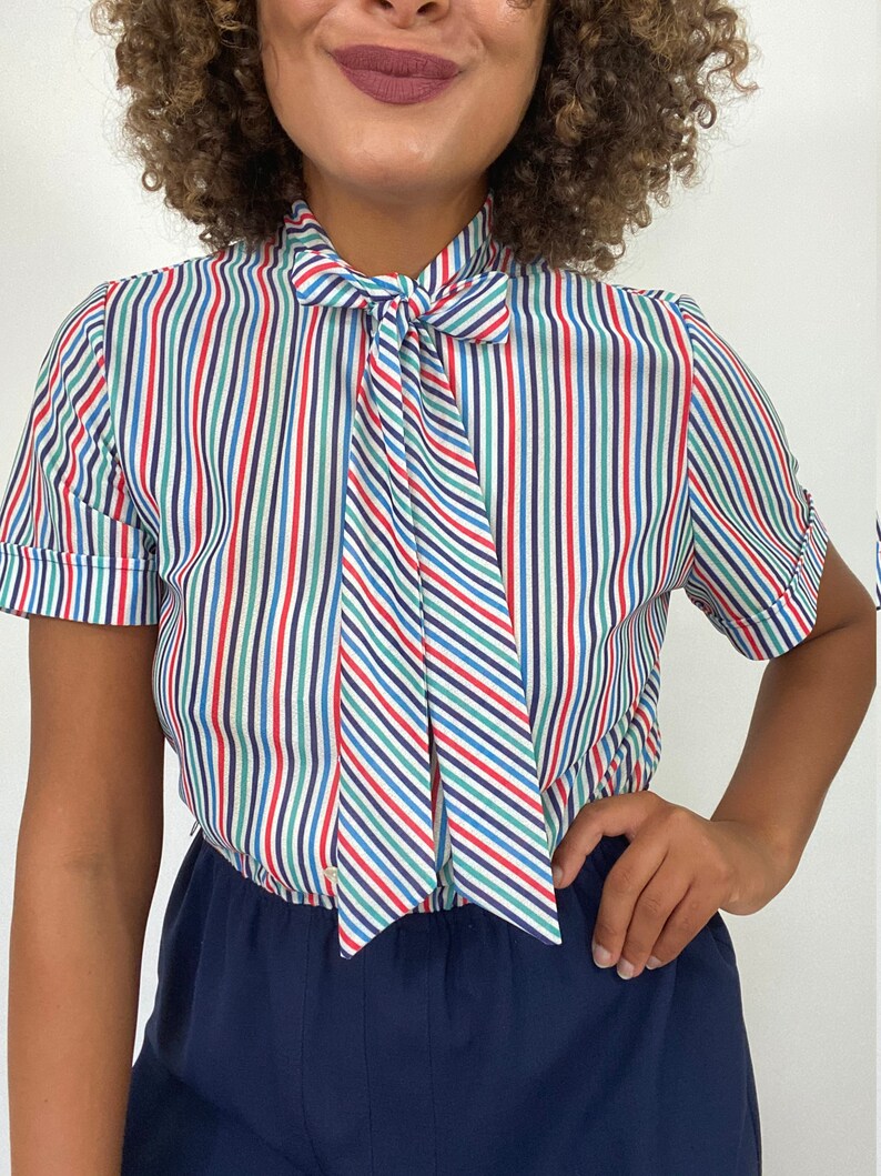 White and Blue Striped Dress Medium. 1970s Short Sleeve Dress 70s Red