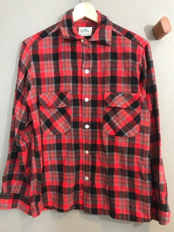 50s Plaid Flannel Shirt. 1950s Red Blue and Black Long Sleeve | Etsy