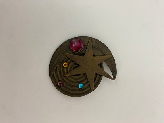 80s Brooch. 1980s Brass Colored Moon and Star Pin… - image 3