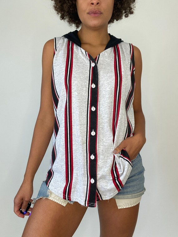 90s Striped Vest. 1990s Black Gray Red Sleeveless… - image 6