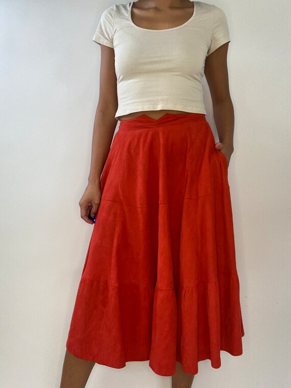 70s Orange Suede Skirt. 1970s High Waist Peasant … - image 3