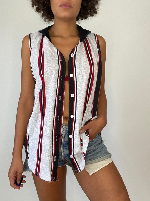 90s Striped Vest. 1990s Black Gray Red Sleeveless… - image 3