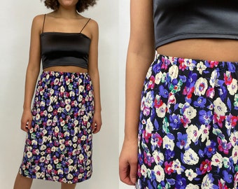 80's / 90's Floral Pleated Skirt. 1980's / 1990's High Waist Skirt. Large. Black, Pink, Purple.