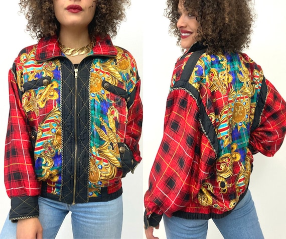 80s Bomber Jacket. 1980s Gold Chain, Red Plaid Sil