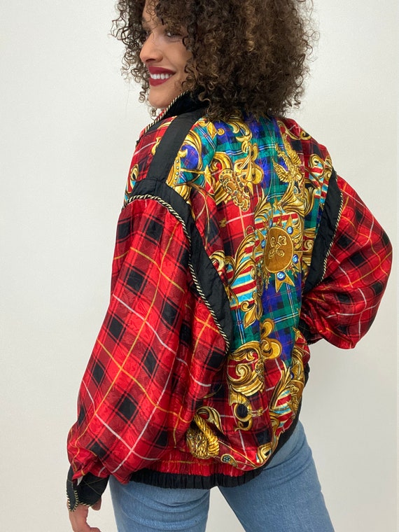 80s Bomber Jacket. 1980s Gold Chain, Red Plaid Si… - image 6