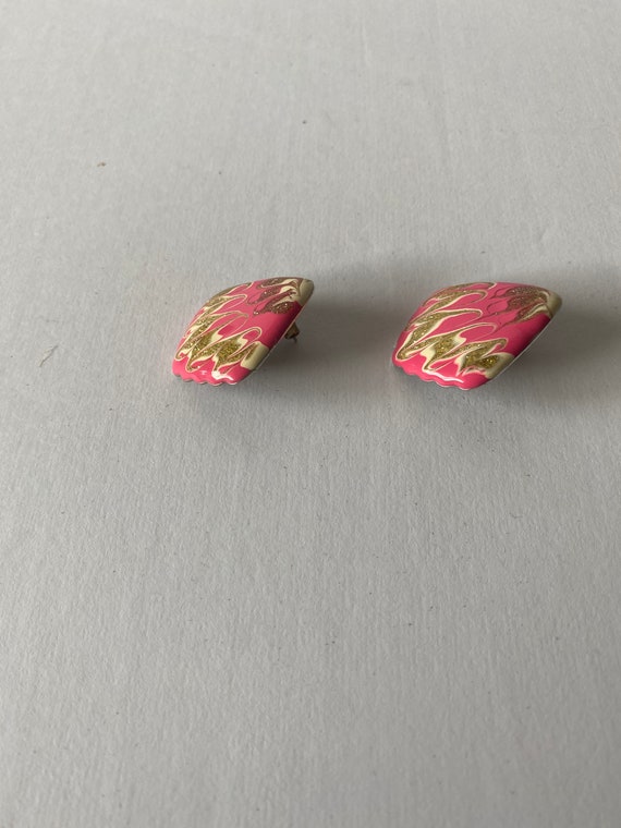 80s Pink and Gold Earrings. 1980s Metallic Sparkl… - image 3