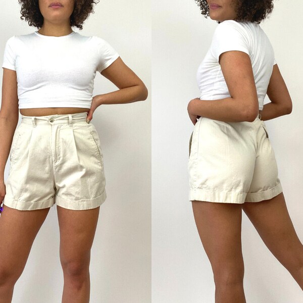 90s High Waist Khaki Shorts. 1990s Cream / White Shorts. Small. Medium.