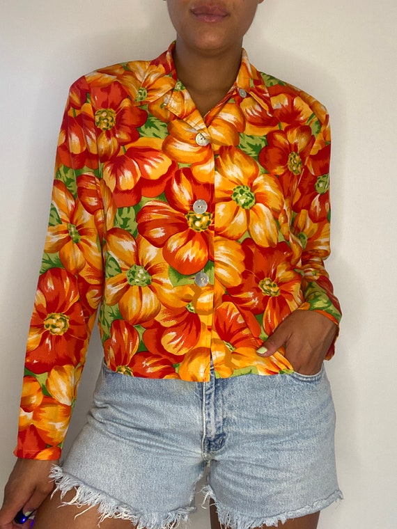 90s Silk Blouse. 1990s Colorful Floral / Flower P… - image 8