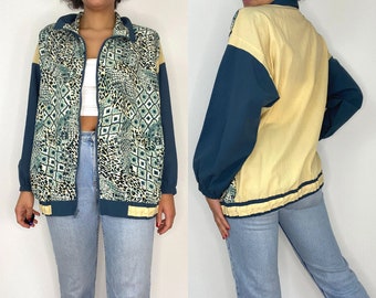 80s Animal Print Windbreaker. 1980s Leopard Print / Snake Skin Blue and Cream XL Jacket. Large Coat.