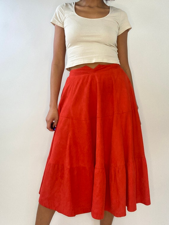 70s Orange Suede Skirt. 1970s High Waist Peasant … - image 2