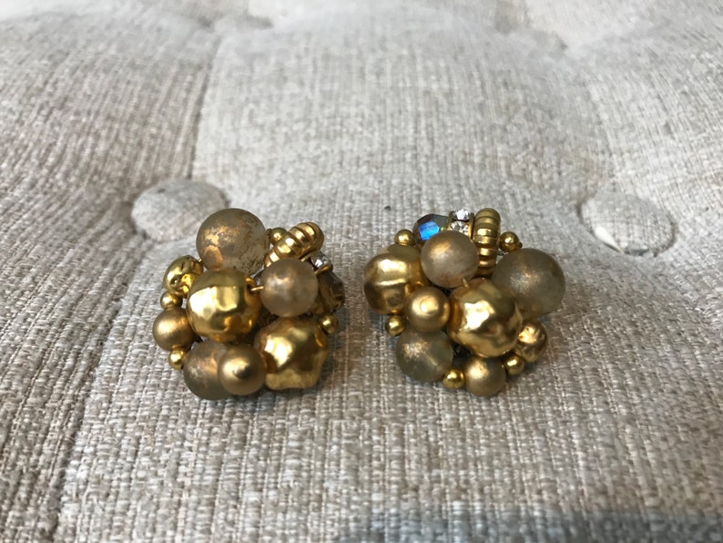 Vintage Gold Clustered Beaded Clip on Earrings. Costume Etsy