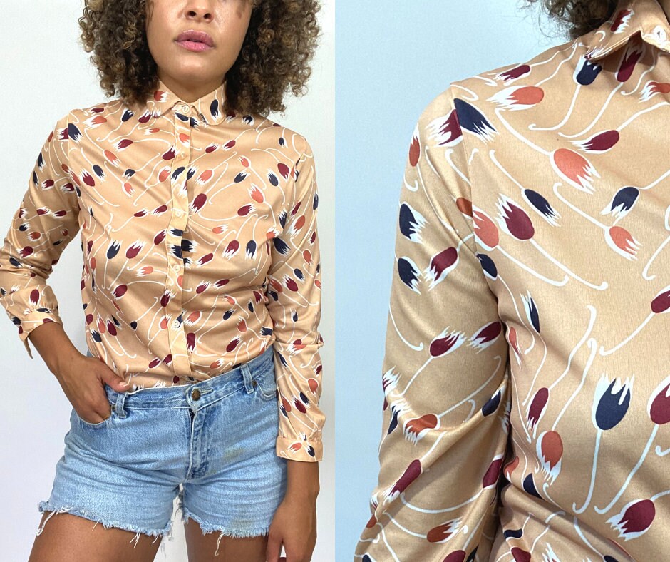 70s Brown Autumn Print Blouse. 1970s 