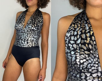 80s One Piece Halter Top Swimsuit. 1980s Black and Silver Metallic Leopard Print Women's Swim Suit. Large. Catalina. Size 12.