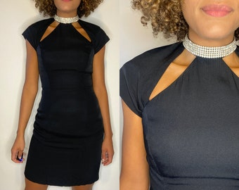 80s Black Dress with Rhinestone Collar. 1980s Party Dress Rhine Stone Detail. Small. Medium. Cocktail. Holiday.