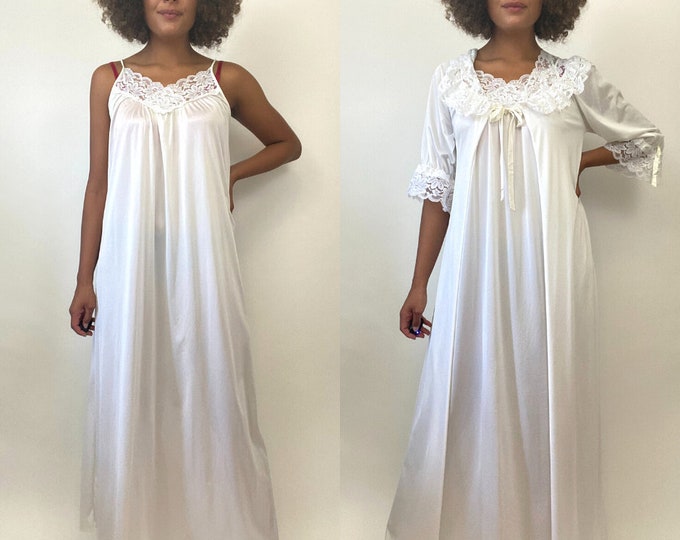 Vintage White Nightgown With Matching Robe. Long Night Dress. Small
