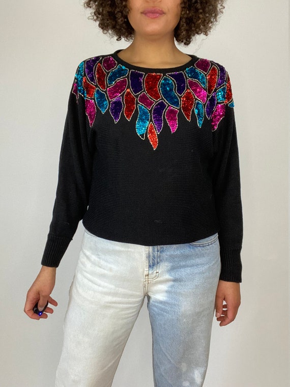 80s Sequined Sweater. 1980s Black Knit Pullover S… - image 3