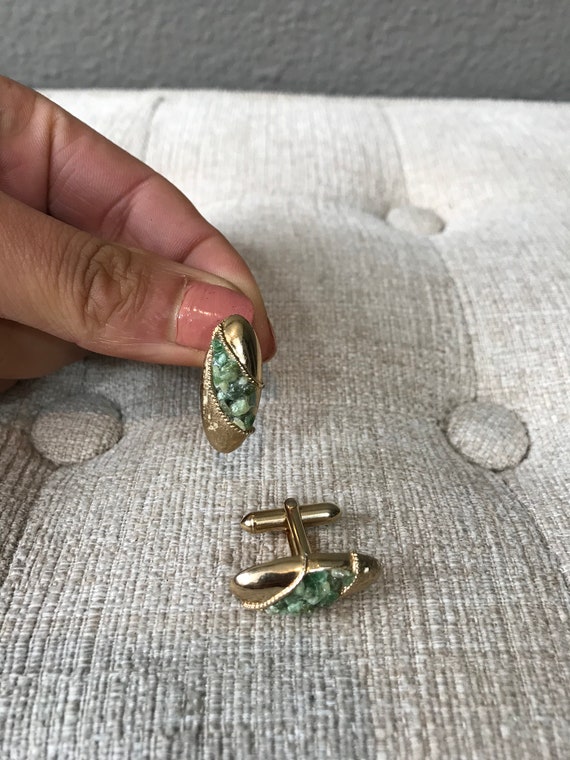 Boutons De Manchette Vintage Plaqués Or Avec Jade - Occasion, Style Rétro élégant