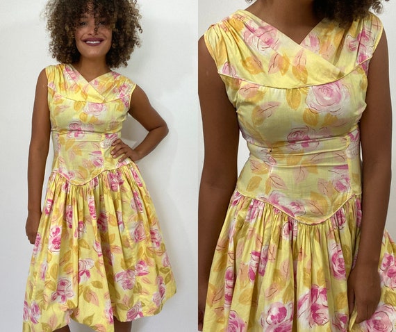 50s Floral Dress. 1950s Yellow and Pink Rose Dress
