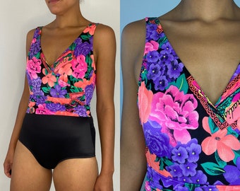 80's / 90's One Piece Swimsuit. 1980's 1990's Black and Neon Floral Swim Suit. Medium. Size 8. Catalina Colorful Flower Bathing Suit.