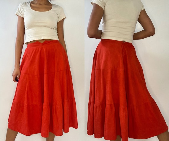 70s Orange Suede Skirt. 1970s High Waist Peasant … - image 1