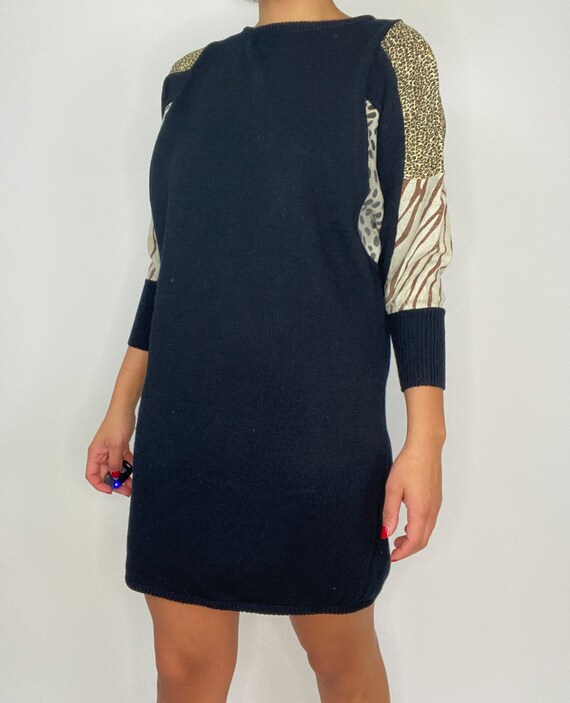 80's Animal Print Sweater Dress. 1980's Black Pul… - image 3