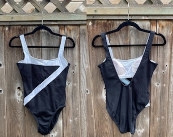 90s Black and White Swimsuit. 1990s One Piece Swim Suit. Medium.
