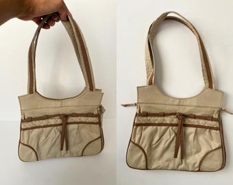 80s Purse. 1980s Beige and Brown Handbag. Neutral Shoulder Bag.
