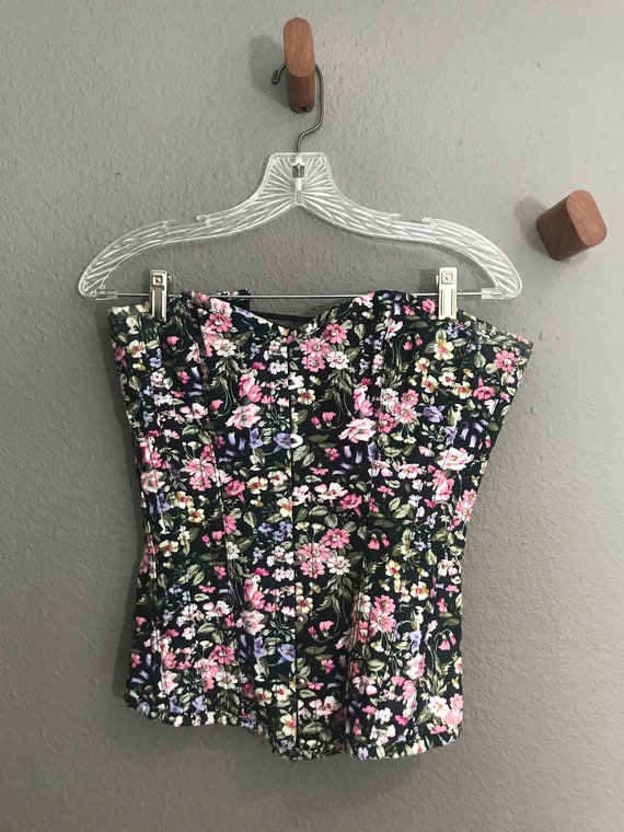 Vintage Floral Corset. Black Pink Green and Purple