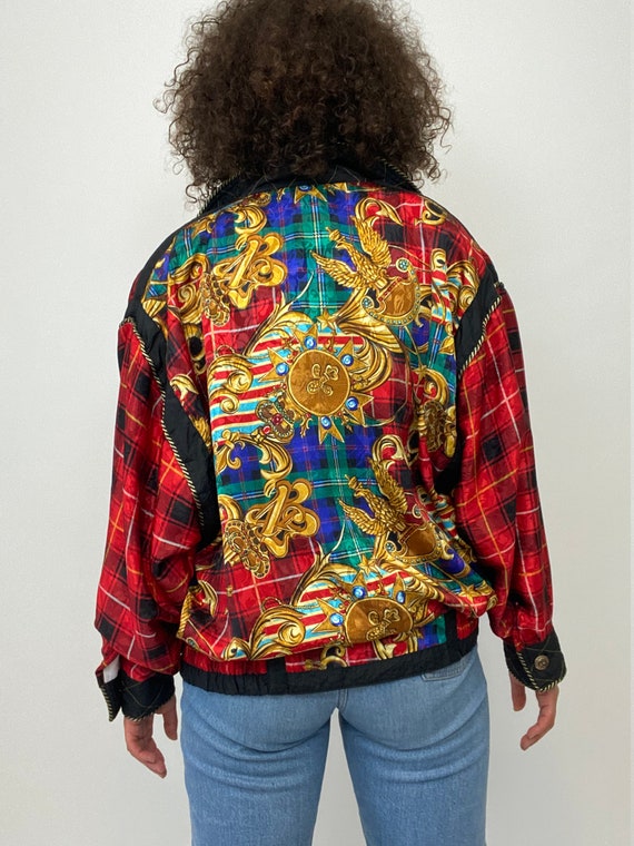 80s Bomber Jacket. 1980s Gold Chain, Red Plaid Si… - image 7
