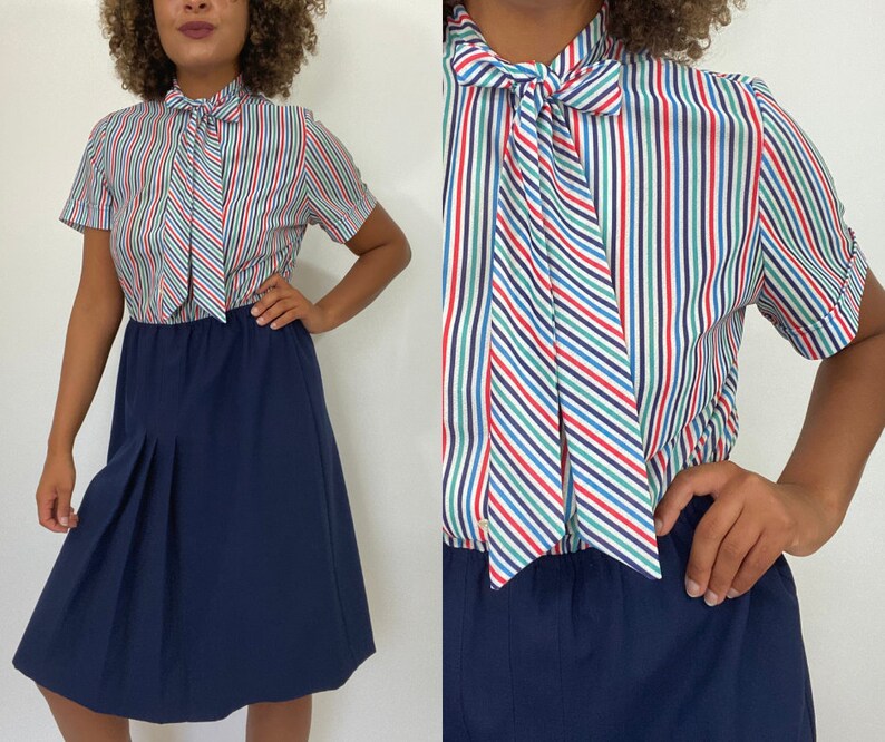 White and Blue Striped Dress Medium. 1970s Short Sleeve Dress 70s Red