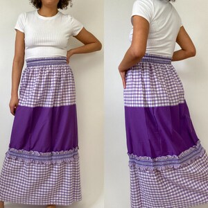 60s / 70s Purple and White Maxi Skirt. 1960s 1970s Gingham Plaid High Waist Skirt. Medium.
