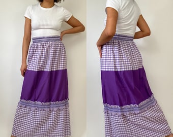 60s / 70s Purple and White Maxi Skirt. 1960s 1970s Gingham Plaid High Waist Skirt. Medium.