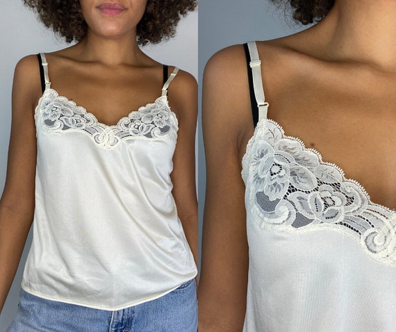 Vintage White Slip Tank. Lace Cami. Camisole. Undershirt With Lace Detail.  Medium. Large. Cream. 