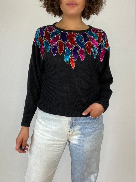 80s Sequined Sweater. 1980s Black Knit Pullover S… - image 2