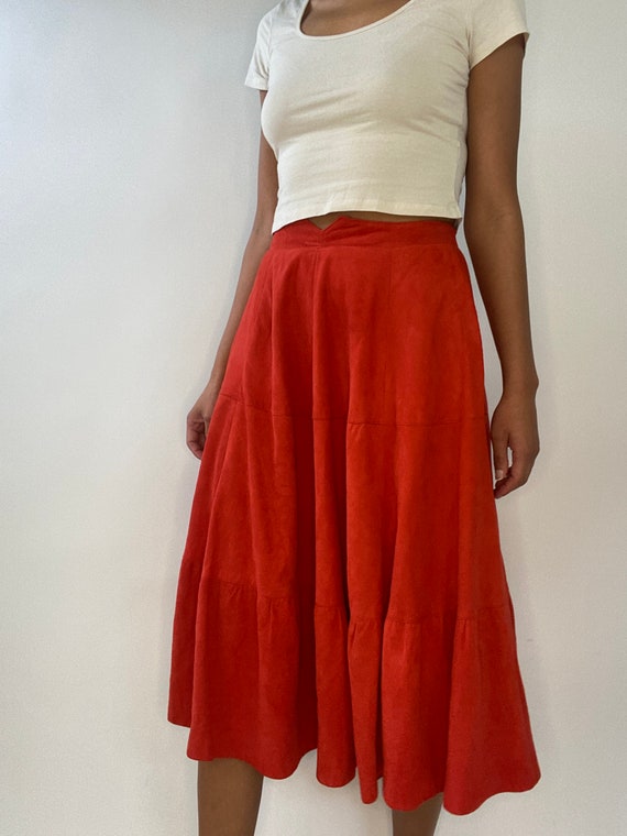 70s Orange Suede Skirt. 1970s High Waist Peasant … - image 5