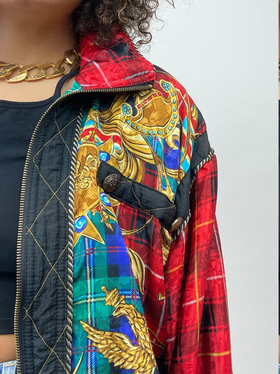 80s Bomber Jacket. 1980s Gold Chain, Red Plaid Si… - image 4