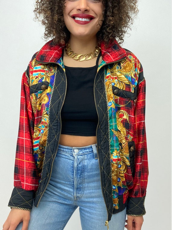 80s Bomber Jacket. 1980s Gold Chain, Red Plaid Si… - image 2