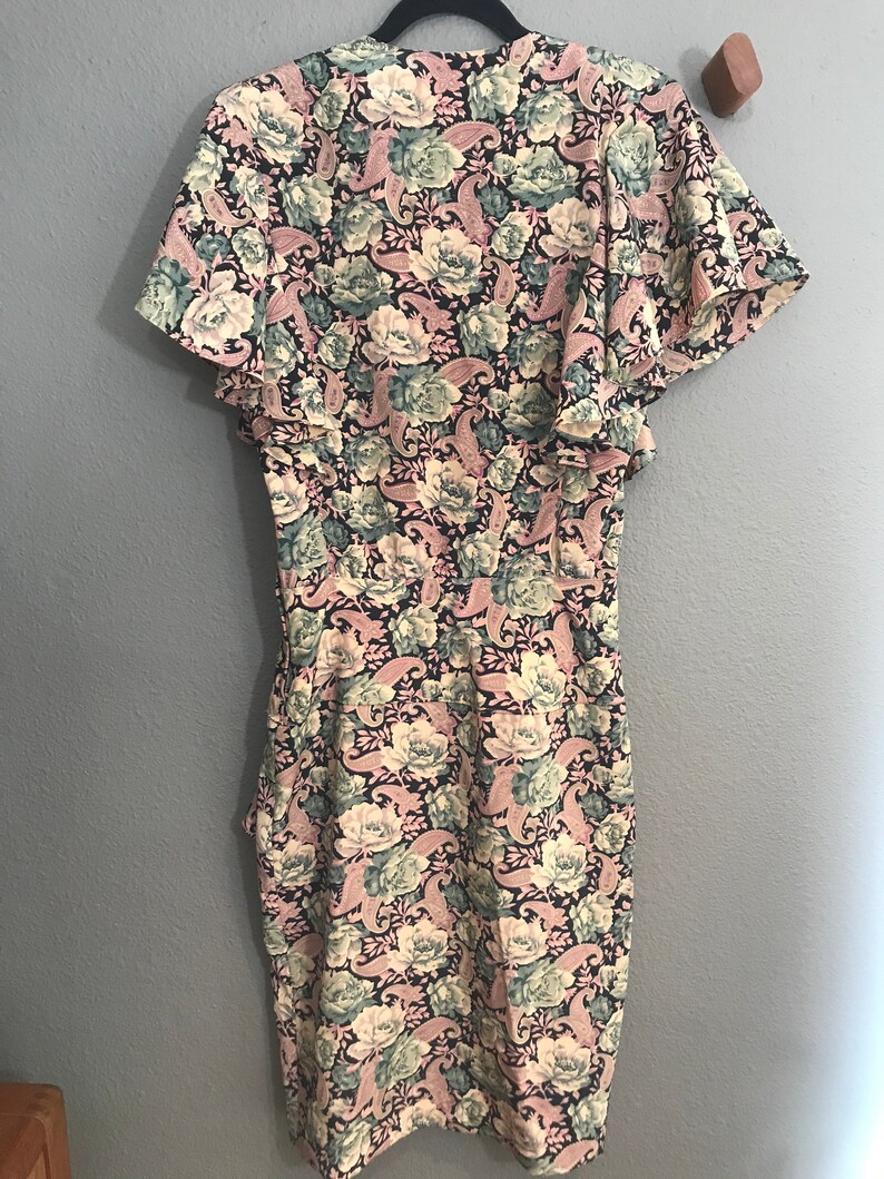 80s Floral Dress. 1980s Black Green and Pink Short Sleeve | Etsy