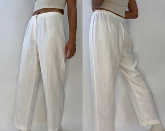 90s White Linen Pants. 1990s White Women's High Waist Pants. Medium. Trousers. Norton McNaughton Petites. 12.