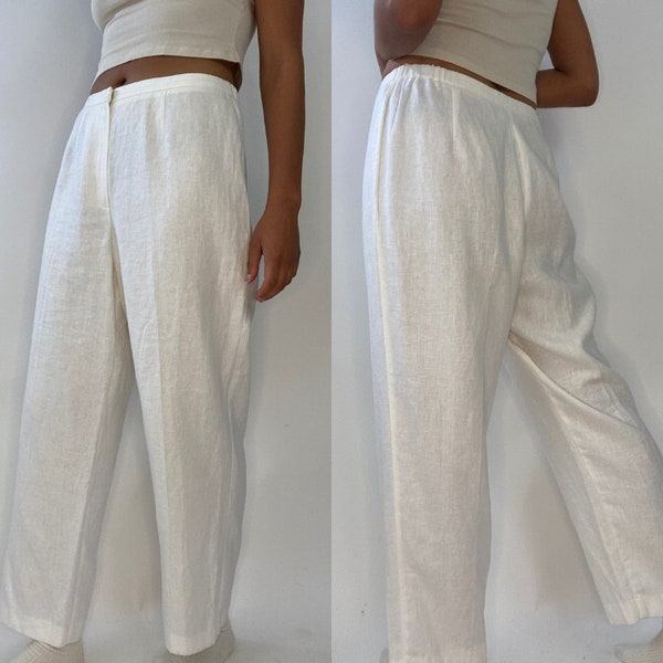 90s White Linen Pants. 1990s White Women's High Waist Pants. Medium. Trousers. Norton McNaughton Petites. 12.