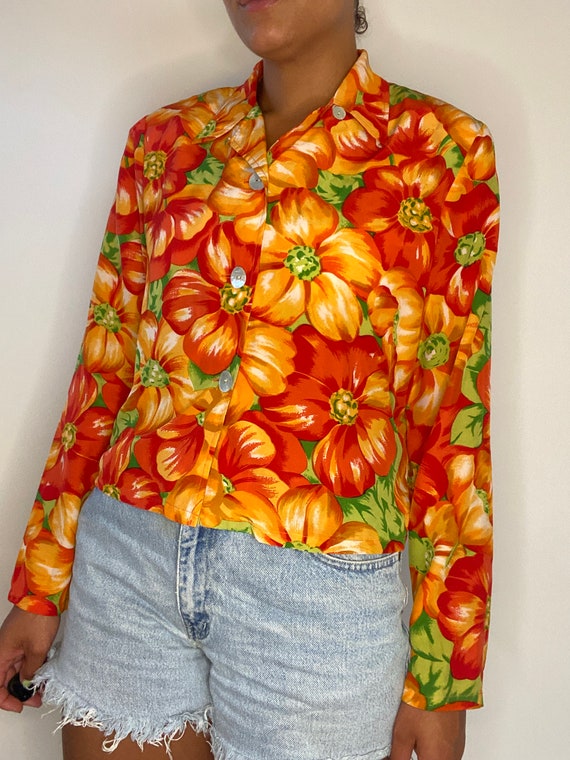 90s Silk Blouse. 1990s Colorful Floral / Flower P… - image 9