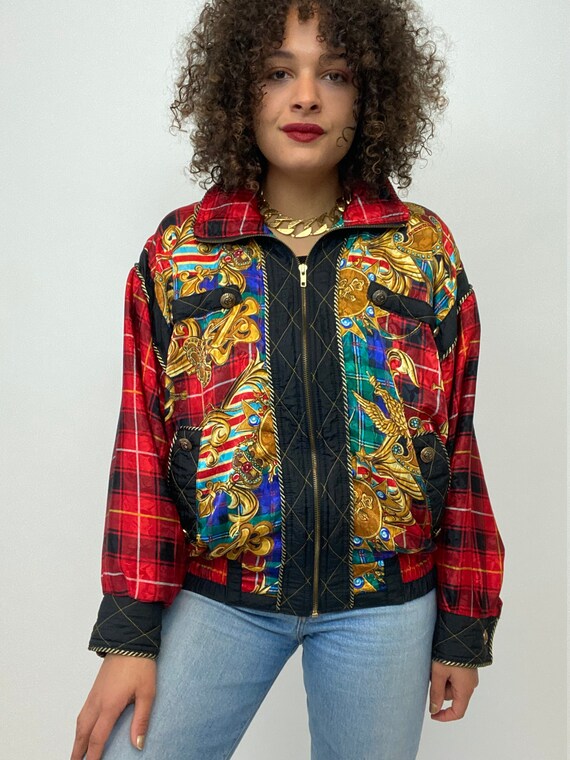 80s Bomber Jacket. 1980s Gold Chain, Red Plaid Si… - image 10