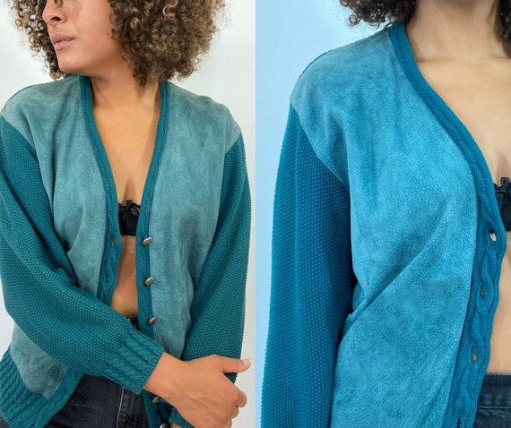 80s Suede and Knit Green Sweater. 1980s Leather Ca