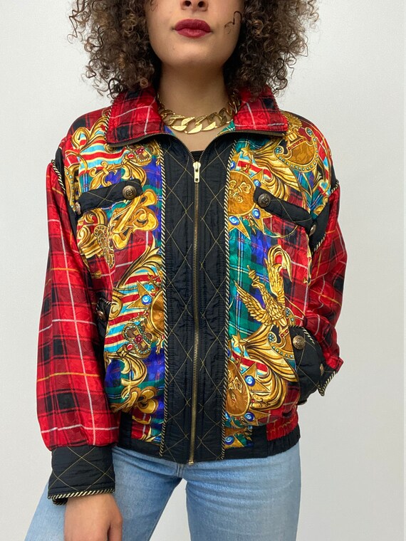 80s Bomber Jacket. 1980s Gold Chain, Red Plaid Si… - image 3