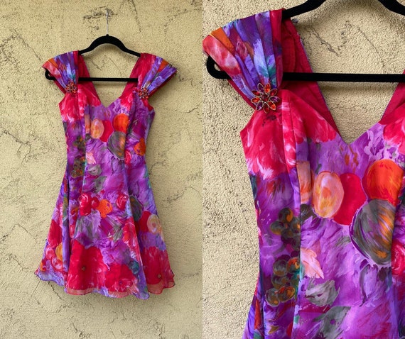 80s Floral Cocktail Dress With Rhinestone Flower Details. | Etsy