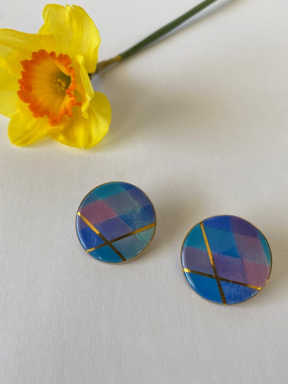 80s Pastel Earrings. 1980s Purple / Blue / Gold A… - image 4