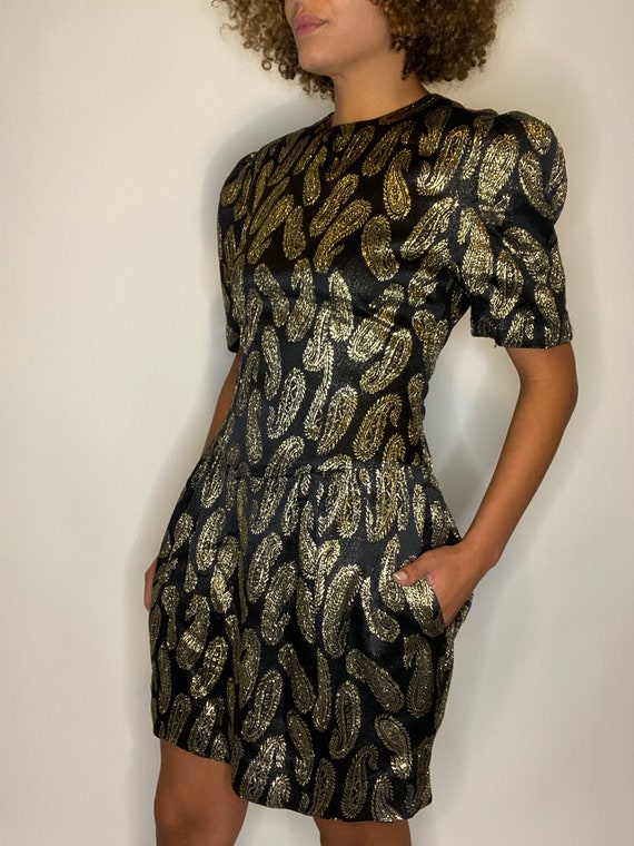 80s Black and Gold Paisley Dress. 1980s Party Dre… - image 5