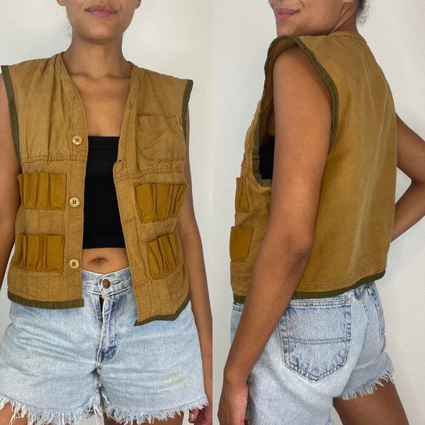 Vintage Fishermans Vest. Brown Khaki Utility Crop Top Sleeveless Vest. Small. Medium. Fishing.