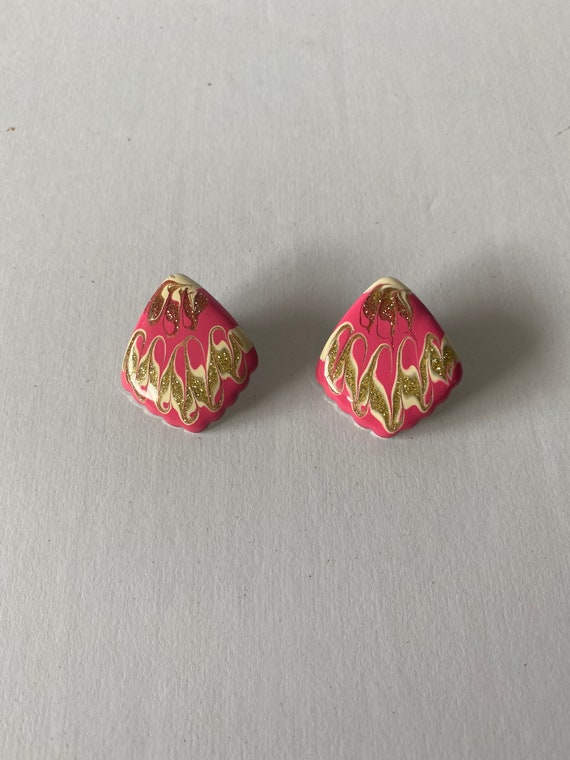 80s Pink and Gold Earrings. 1980s Metallic Sparkl… - image 5