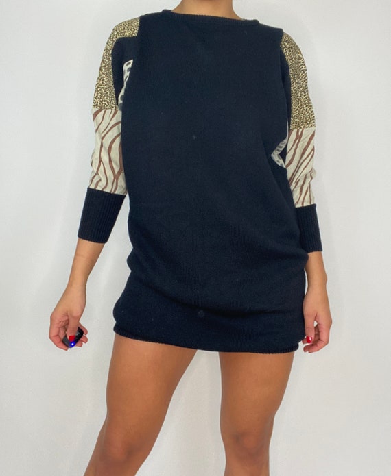 80's Animal Print Sweater Dress. 1980's Black Pul… - image 2